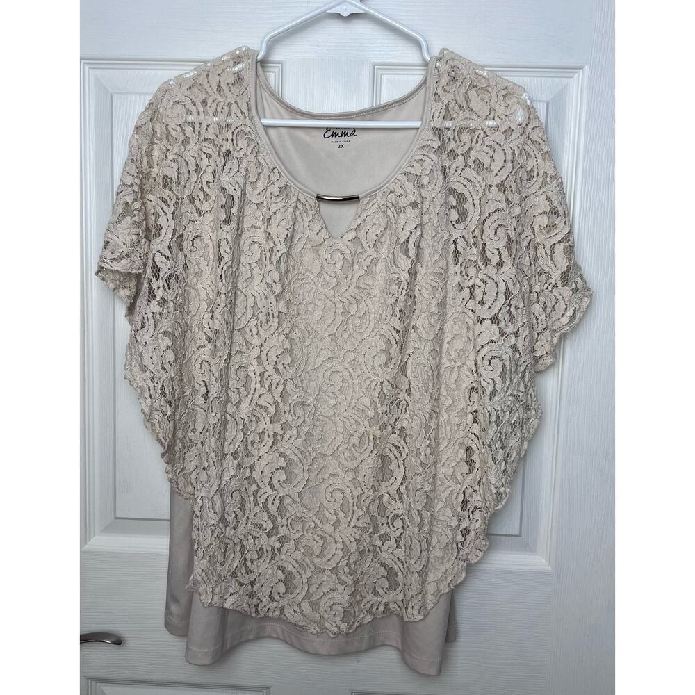 Simply Emma Women's Plus Top Lace Overlay Cream Blouse Size 2X